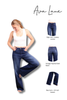 A promotional layout for Ava Lane women's jeans on a white background. A woman is shown wearing dark blue high-rise flare jeans, with three smaller inset views on the right showing front, back, and front/length options labeled 'High-rise + Tummy control,' 'Vintage Inspired Dark Wash,' and 'Raw hem + 34 inch inseam.