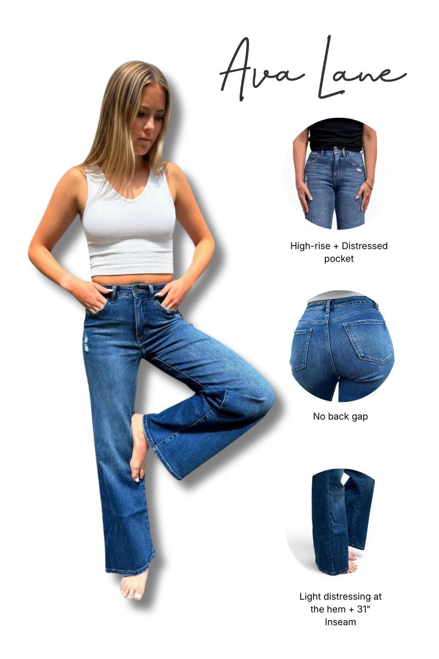 Woman wearing blue jeans with product features highlighted on a white background