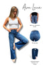 Woman wearing blue jeans with product features highlighted on a white background