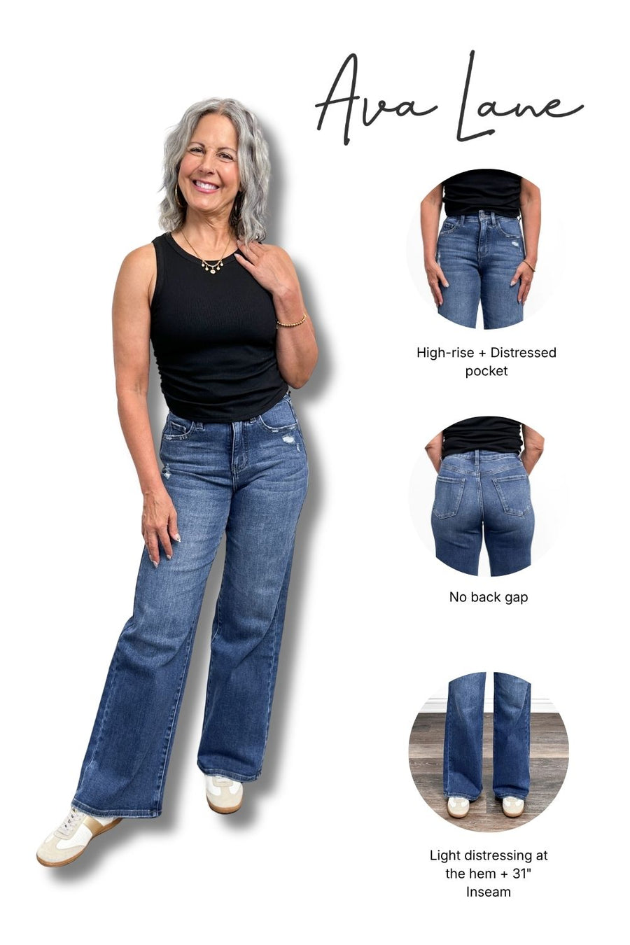 Woman wearing blue jeans with text highlighting features on a white background