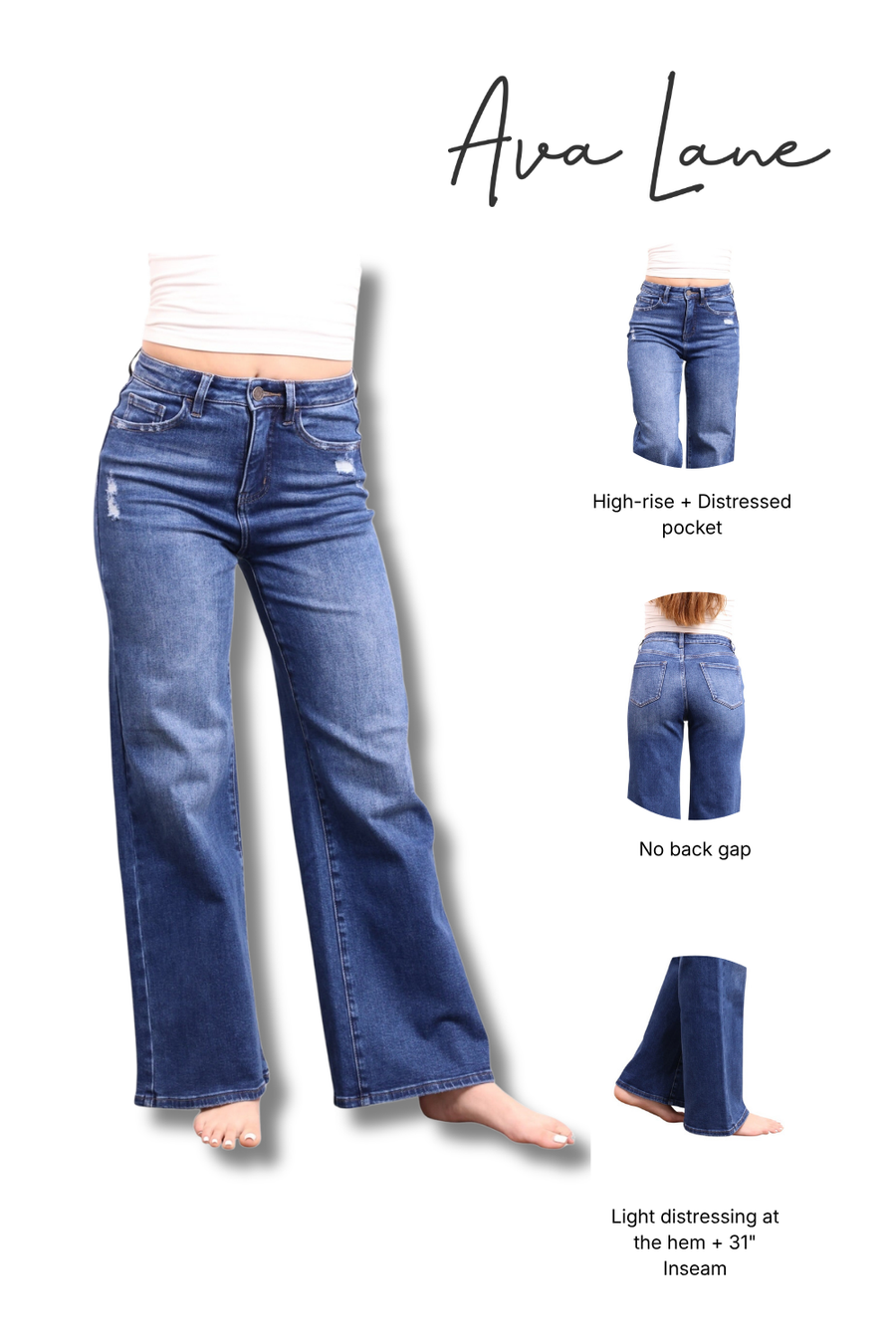 A model wearing blue high-rise wide leg jeans with distressed pockets and light distressing, shown alongside three smaller inset views highlighting features: high-rise, distressed pocket detail, no back gap, and light distressing at the hem. The text 'Ava Lane' appears at the top on a white background.