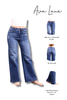 A model wearing blue high-rise wide leg jeans with distressed pockets and light distressing, shown alongside three smaller inset views highlighting features: high-rise, distressed pocket detail, no back gap, and light distressing at the hem. The text 'Ava Lane' appears at the top on a white background.