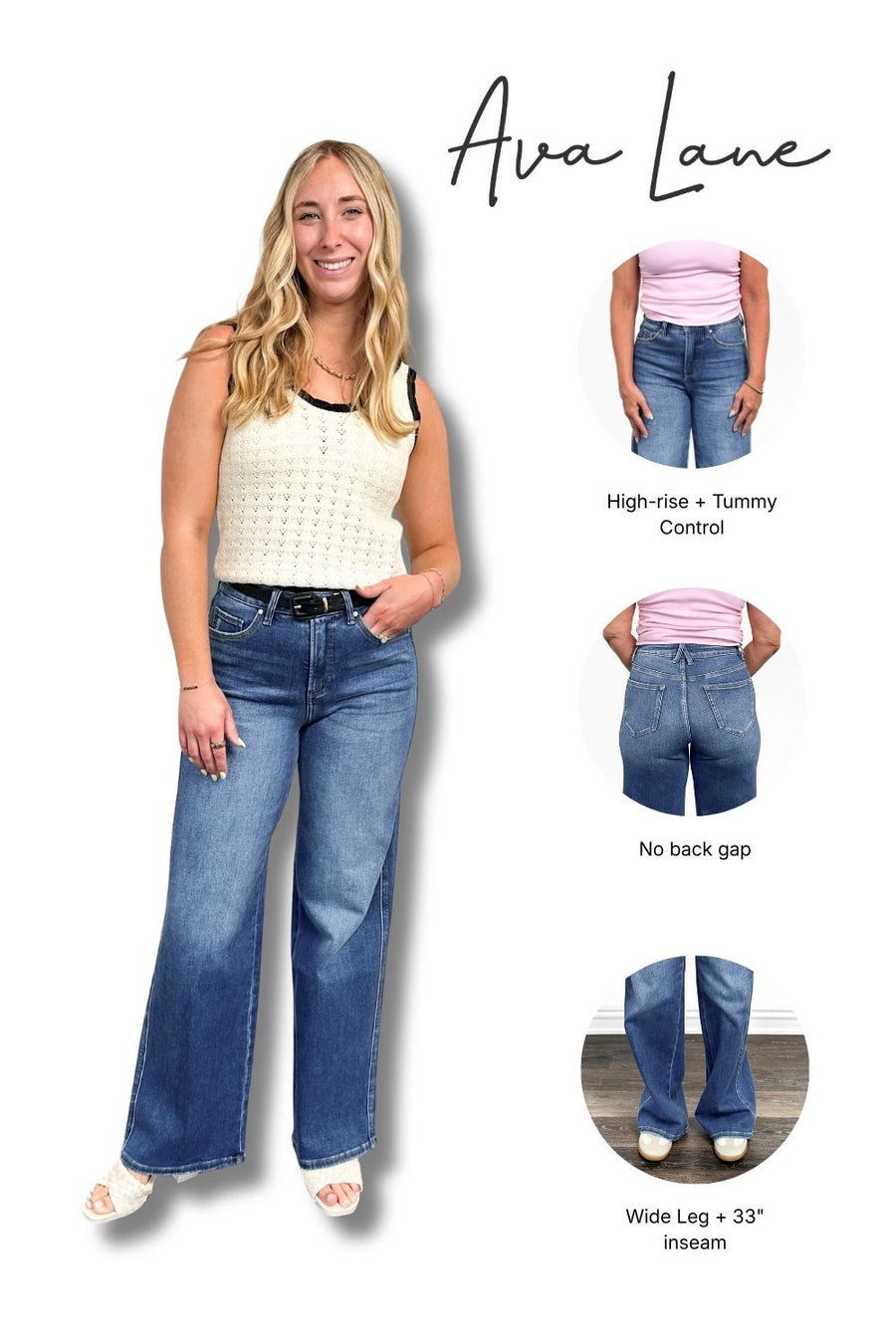 Woman wearing blue jeans with text highlighting features like high-rise, tummy control, no back gap, wide leg, and 33-inch inseam. Brand 'Ava Lane' is visible.