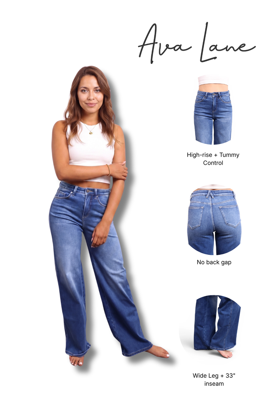 Woman wearing blue jeans with product features highlighted on a white background