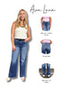 Woman wearing blue jeans with text highlighting features like high-rise, tummy control, no back gap, wide leg, and 33-inch inseam. Brand 'Ava Lane' is visible.