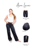 A promotional catalog graphic for 'Ava Lane' jeans featuring a model wearing dark wash, high-rise, wide-leg trousers on the left, with three smaller inset images on the right showing the front, back, and front/length details of the dark wash jeans.
