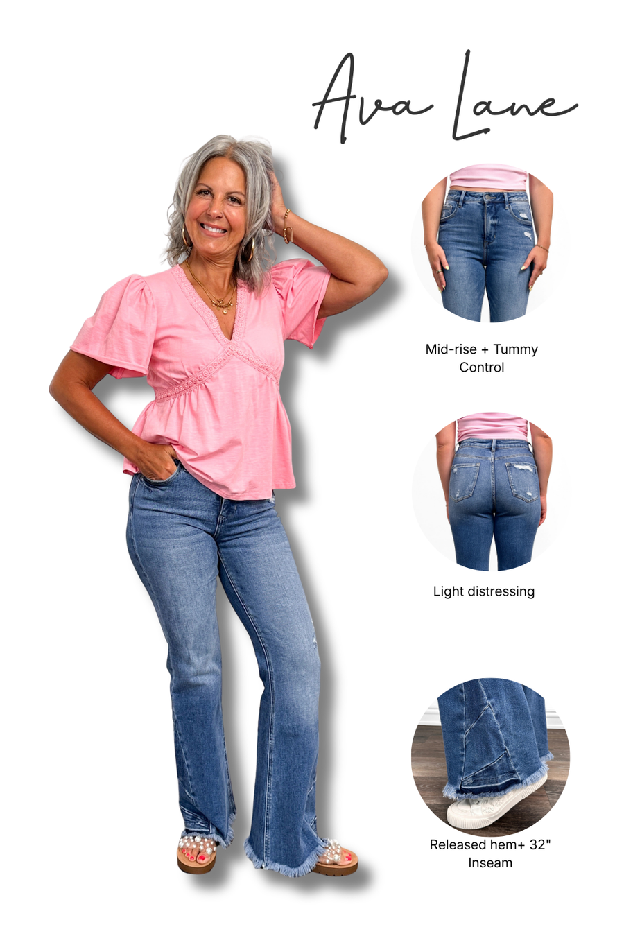 A woman modeling a pink short-sleeve top and blue jeans on a white background, with three inset detail views showing the back and front of the jeans and a close-up of the hem. The text reads 'Ava Lane' and includes feature callouts like 'Mid-rise + Tummy Control' and 'Light distressing.