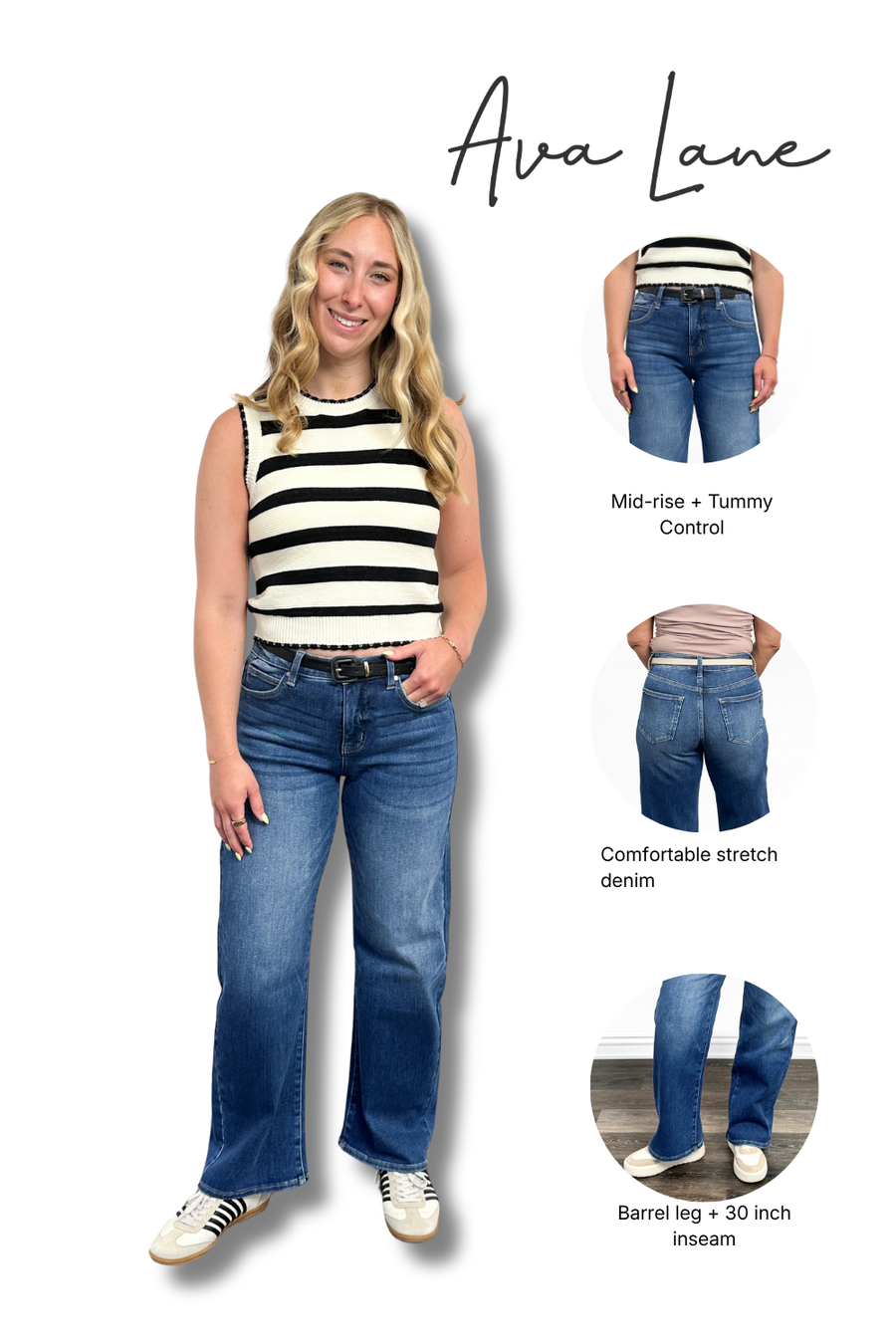 A model wearing blue jeans and a black-and-white striped sleeveless top stands against a white background, with three smaller inset views on the right showing different jean styles and the text 'Ava Lane.' This is a product-focused composite on a plain background, but a person is present, so subject_type is Lifestyle rather than Product/Packaging.