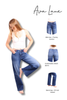A promotional product image for 'Ava Lane' jeans featuring a model wearing blue jeans on the left, with three smaller inset views on the right showing different jean styles labeled 'Mid-rise + Tummy Control', 'Comfortable stretch denim', and 'Barrel leg + 30 inch rise'.
