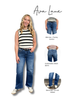 A model wearing blue jeans and a black-and-white striped sleeveless top stands against a white background, with three smaller inset views on the right showing different jean styles and the text 'Ava Lane.' This is a product-focused composite on a plain background, but a person is present, so subject_type is Lifestyle rather than Product/Packaging.