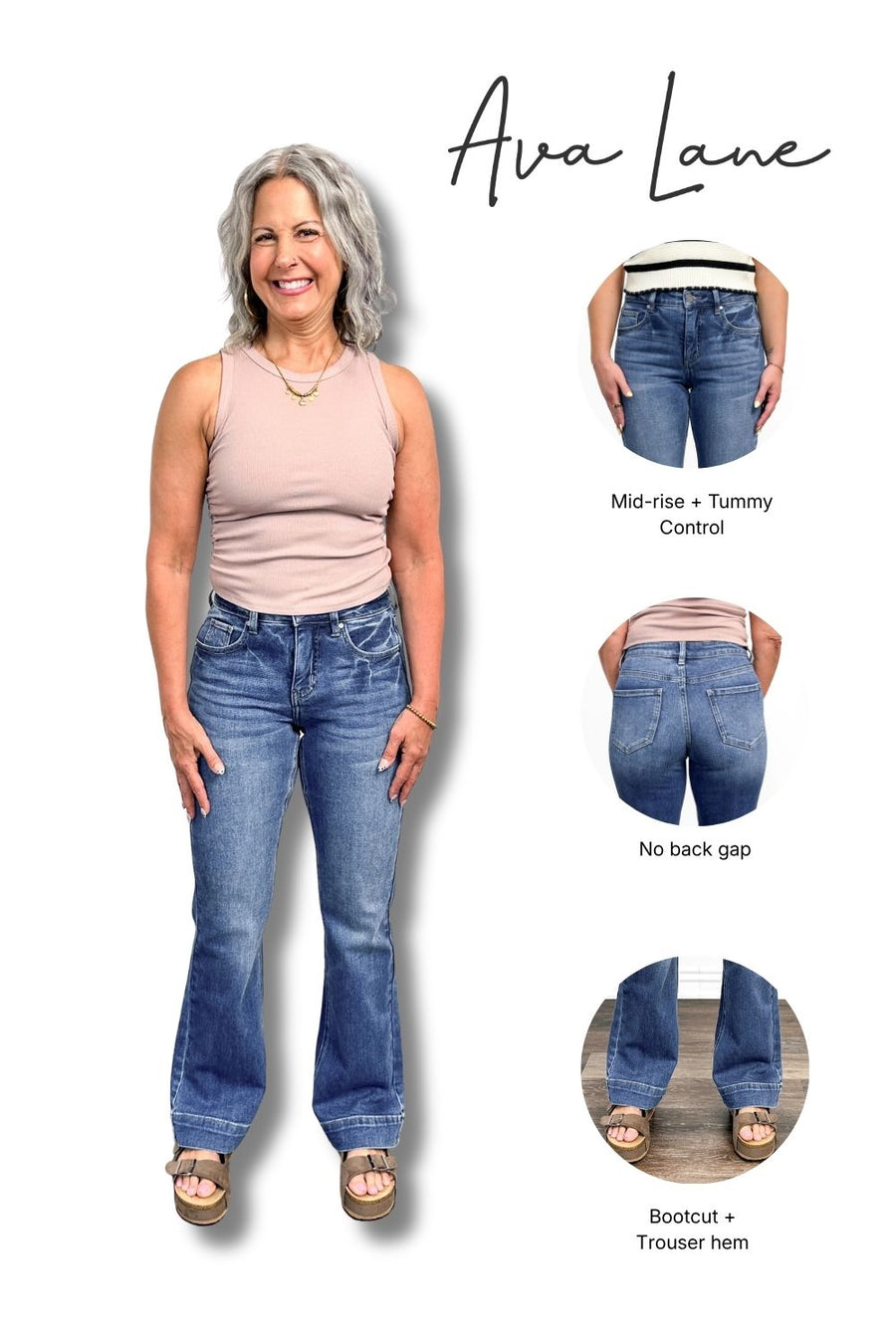 Woman wearing blue jeans with product features highlighted, including 'Ava Lane' branding.