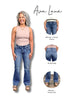 Woman wearing blue jeans with product features highlighted, including 'Ava Lane' branding.