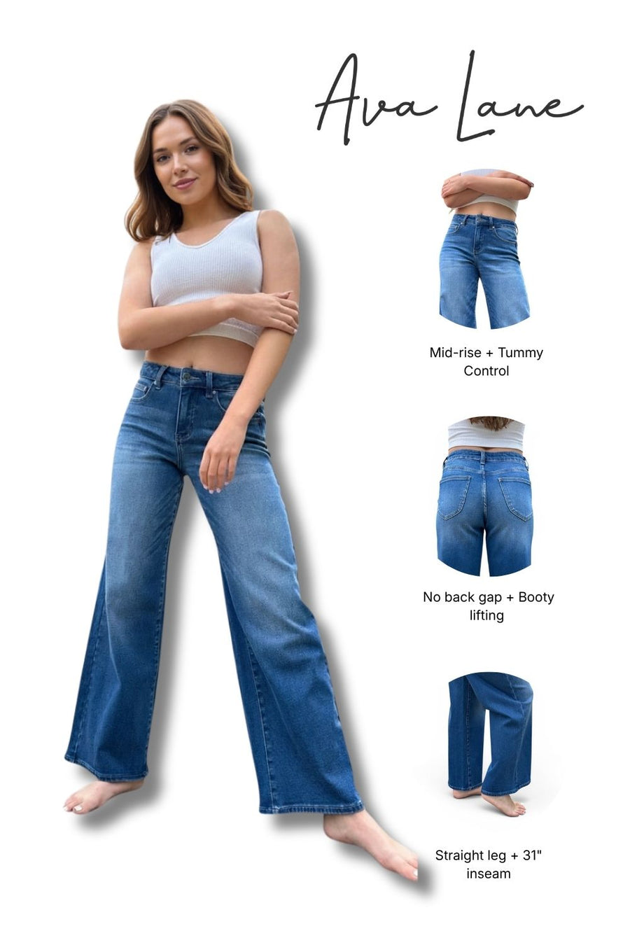 Woman wearing blue jeans with product details on a white background