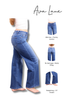 A model wearing blue high-waisted straight leg jeans shown from the side, with three smaller inset views on the right showing different fit styles and text labels: 'Ava Lane,' 'Mid-rise + Tummy Control,' 'No back gap + Booty lifting,' and 'Straight leg +3" inseam.'.