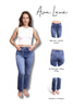 Woman wearing blue jeans with text highlighting features on a white background