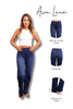Woman wearing blue jeans with product features highlighted on a white background