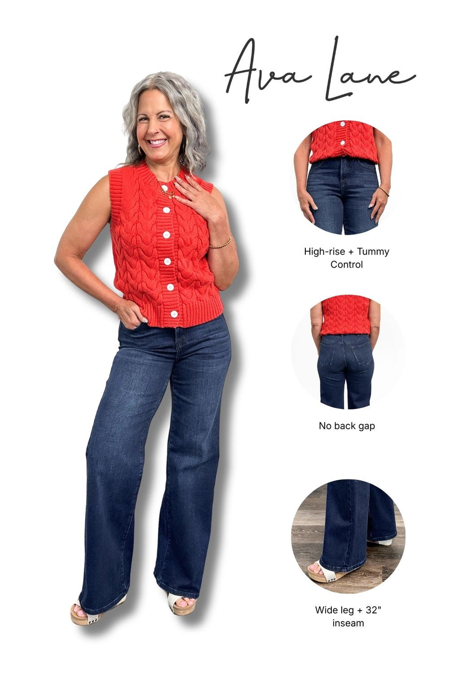 Woman wearing a red vest and blue jeans with product features highlighted, branded 'Ava Lane'.