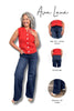 Woman wearing a red vest and blue jeans with product features highlighted, branded 'Ava Lane'.