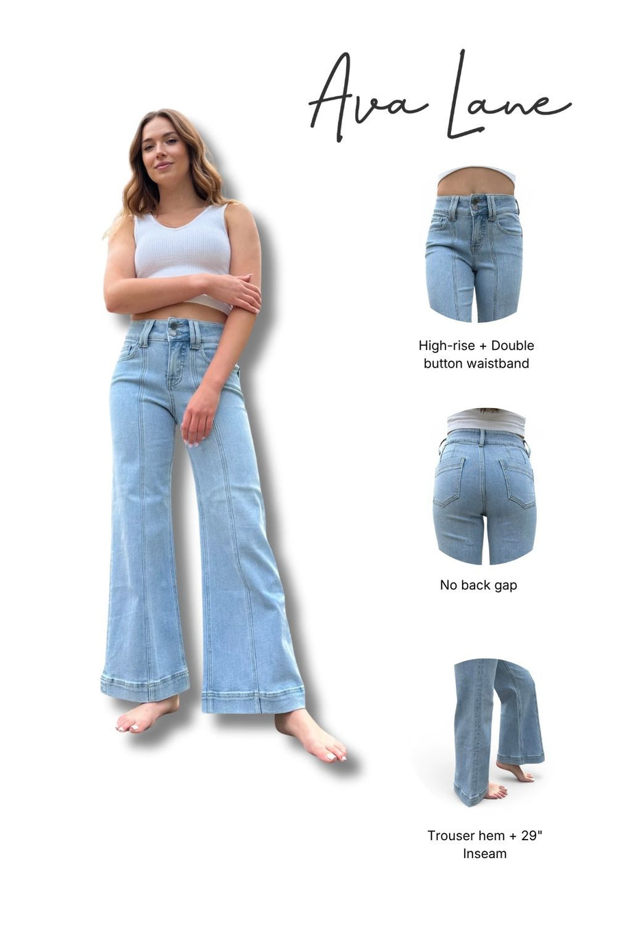 Woman wearing light blue jeans with Ava Lane branding and product details.
