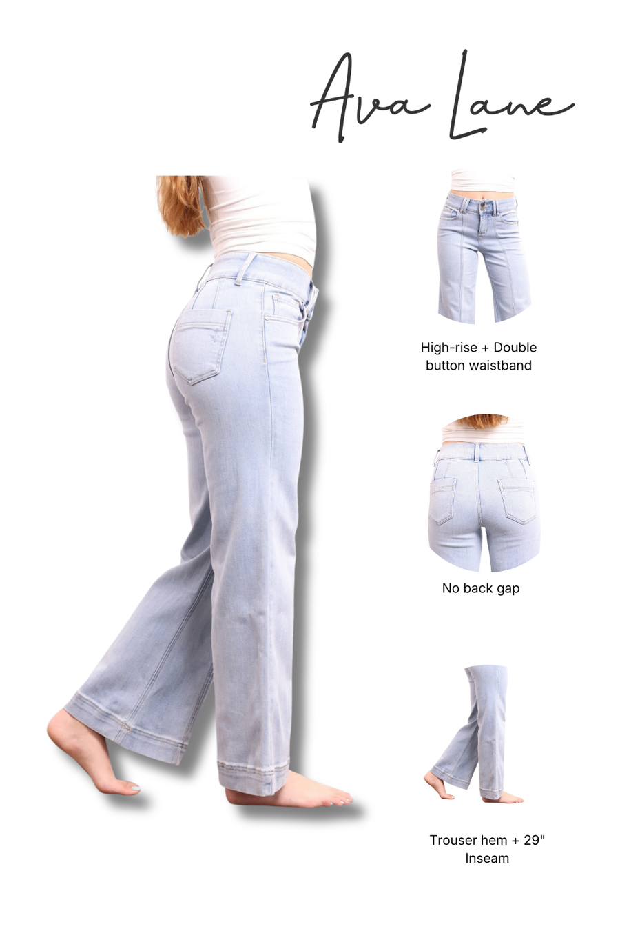 A promotional product graphic for light-wash blue jeans from Ava Lane, showing a large side/back view of a model wearing the jeans, plus three smaller inset views labeled high-rise double button waistband, no back gap, and trouser hem 29" inseam.
