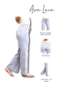 A promotional product graphic for light-wash blue jeans from Ava Lane, showing a large side/back view of a model wearing the jeans, plus three smaller inset views labeled high-rise double button waistband, no back gap, and trouser hem 29" inseam.