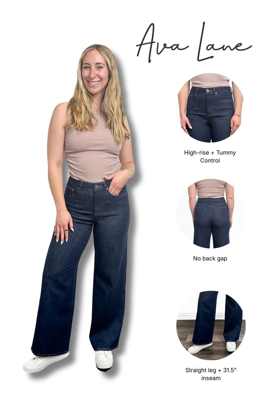Woman wearing dark blue jeans with product features highlighted, including 'Ava Lane' branding.