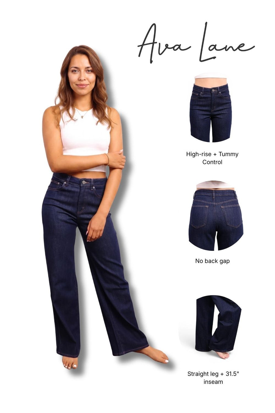 Woman wearing dark blue jeans with product features highlighted on a white background