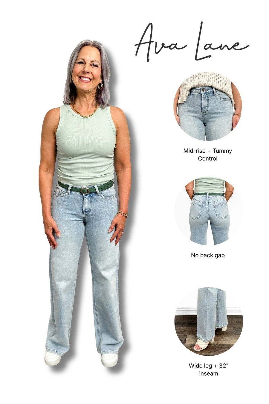 Woman wearing light blue jeans with text highlighting features like 'Mid-rise + Tummy Control' and 'No back gap'.
