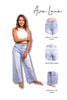 Woman wearing light blue jeans with text describing features on a white background