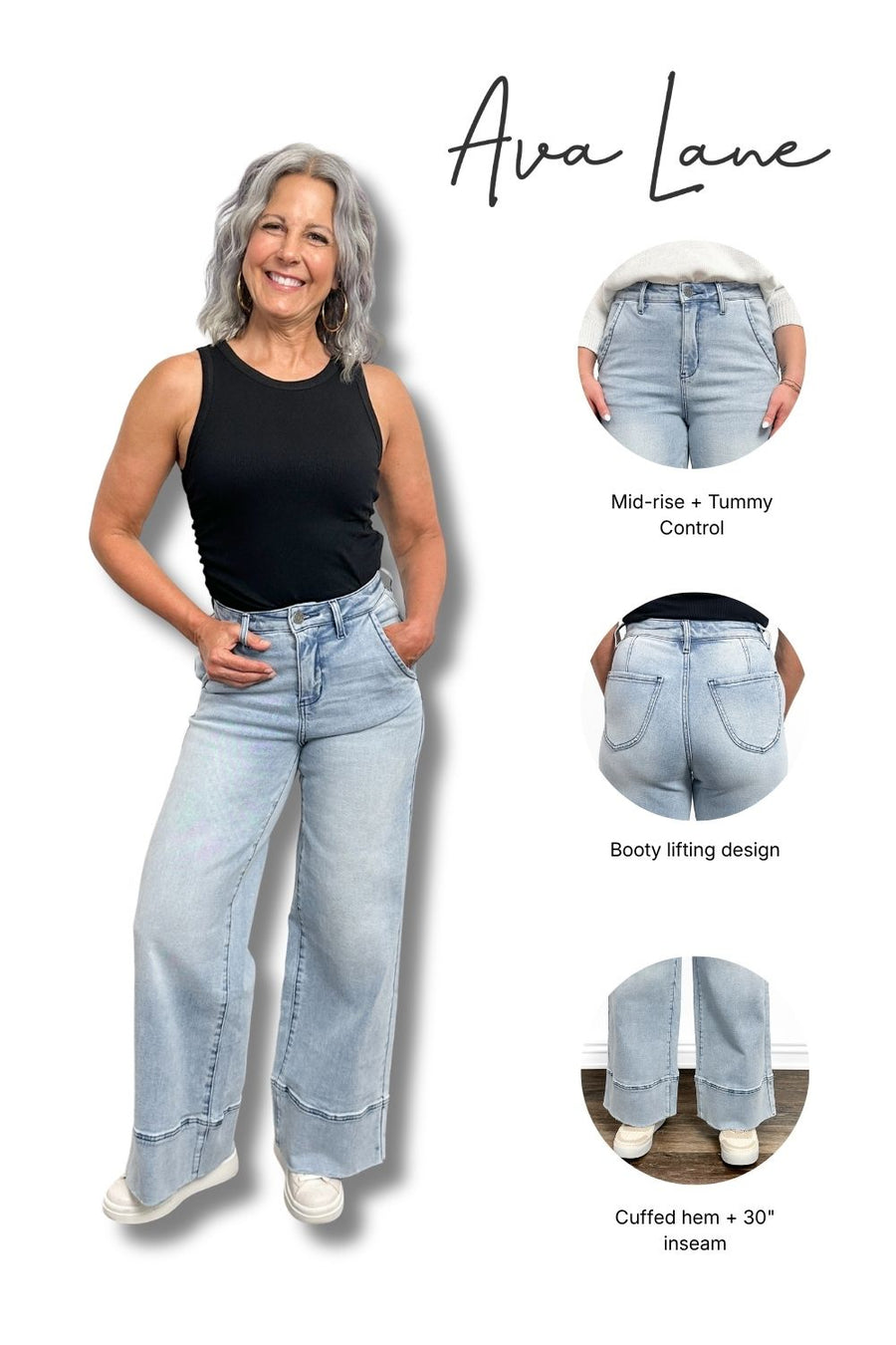 Woman wearing light blue jeans with product features highlighted, including 'Ava Lane' branding.