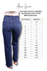 Blue jeans worn by a person with a size chart for Ava Lane jeans on a white background