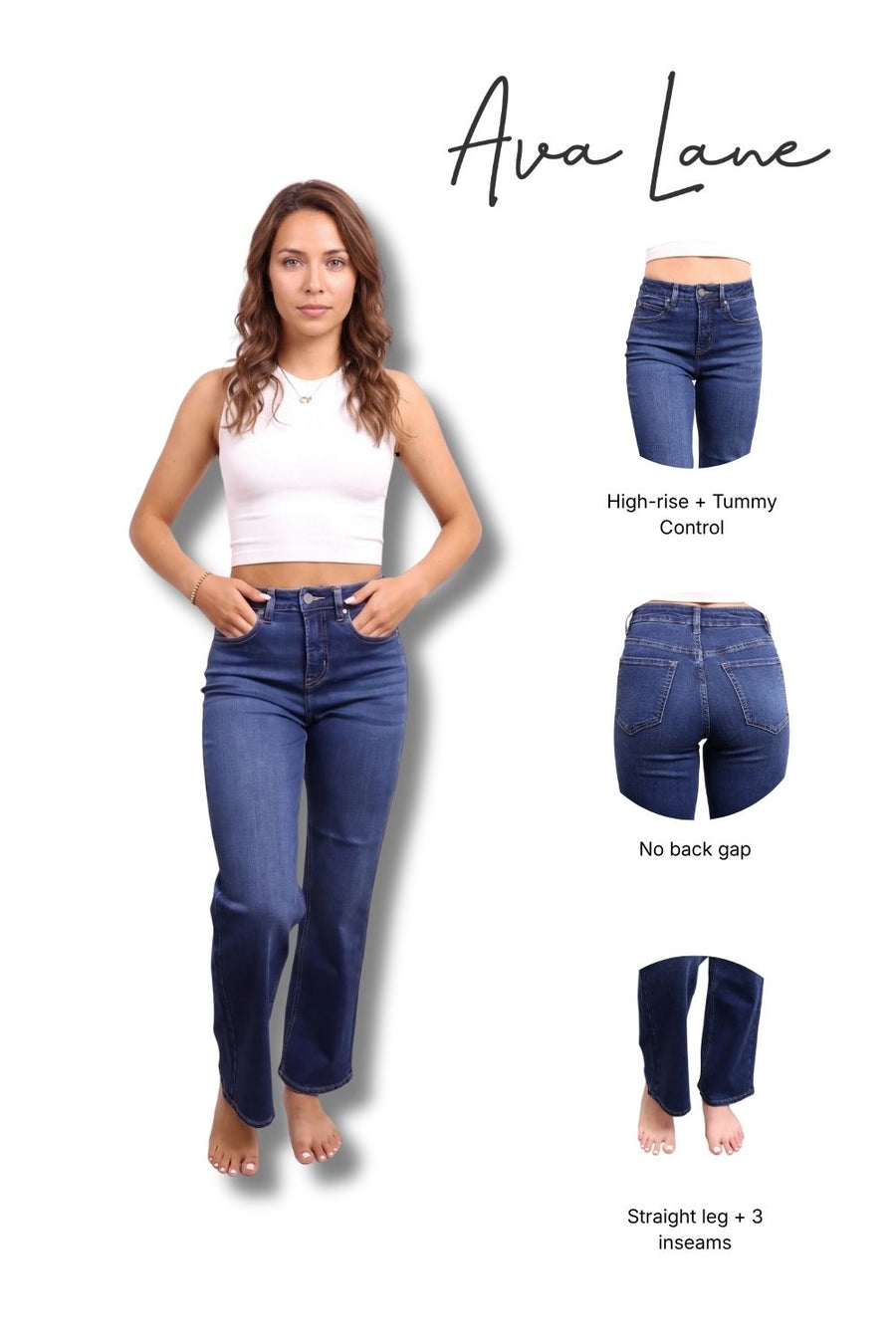 Woman wearing blue jeans with product features highlighted on a white background