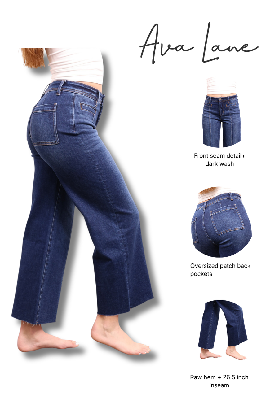 A collage showing a model wearing dark wash blue jeans from the back, with three smaller inset views labeled front seam detail, oversized patch back pockets, and raw hem + 26.5 inch inseam.