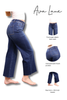 A collage showing a model wearing dark wash blue jeans from the back, with three smaller inset views labeled front seam detail, oversized patch back pockets, and raw hem + 26.5 inch inseam.