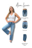 Woman wearing blue jeans with product features highlighted on a white background