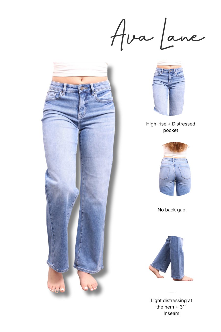 A pair of light-wash blue high-rise jeans shown on a cropped model from the waist down, with three smaller inset views on the right showing front pocket detail, back view, and hem distressing. The text 'Ava Lane' appears at the top.