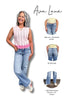 Woman wearing light blue jeans with a pink top, standing next to an inset showing the jeans' features.
