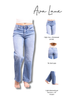 A pair of light-wash blue high-rise jeans shown on a cropped model from the waist down, with three smaller inset views on the right showing front pocket detail, back view, and hem distressing. The text 'Ava Lane' appears at the top.