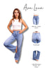 Woman wearing light blue jeans with product features highlighted on a white background