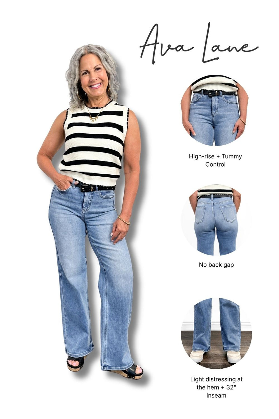 Woman wearing light blue jeans with text highlighting features on a white background