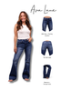 A woman modeling blue flared jeans on a white background, with three smaller inset views of the same jeans showing different fit details and text labels: 'Ava Lane,' 'Mid-rise + Tummy Control,' 'No back gap,' and 'Bootcut + Trouser hem.'.