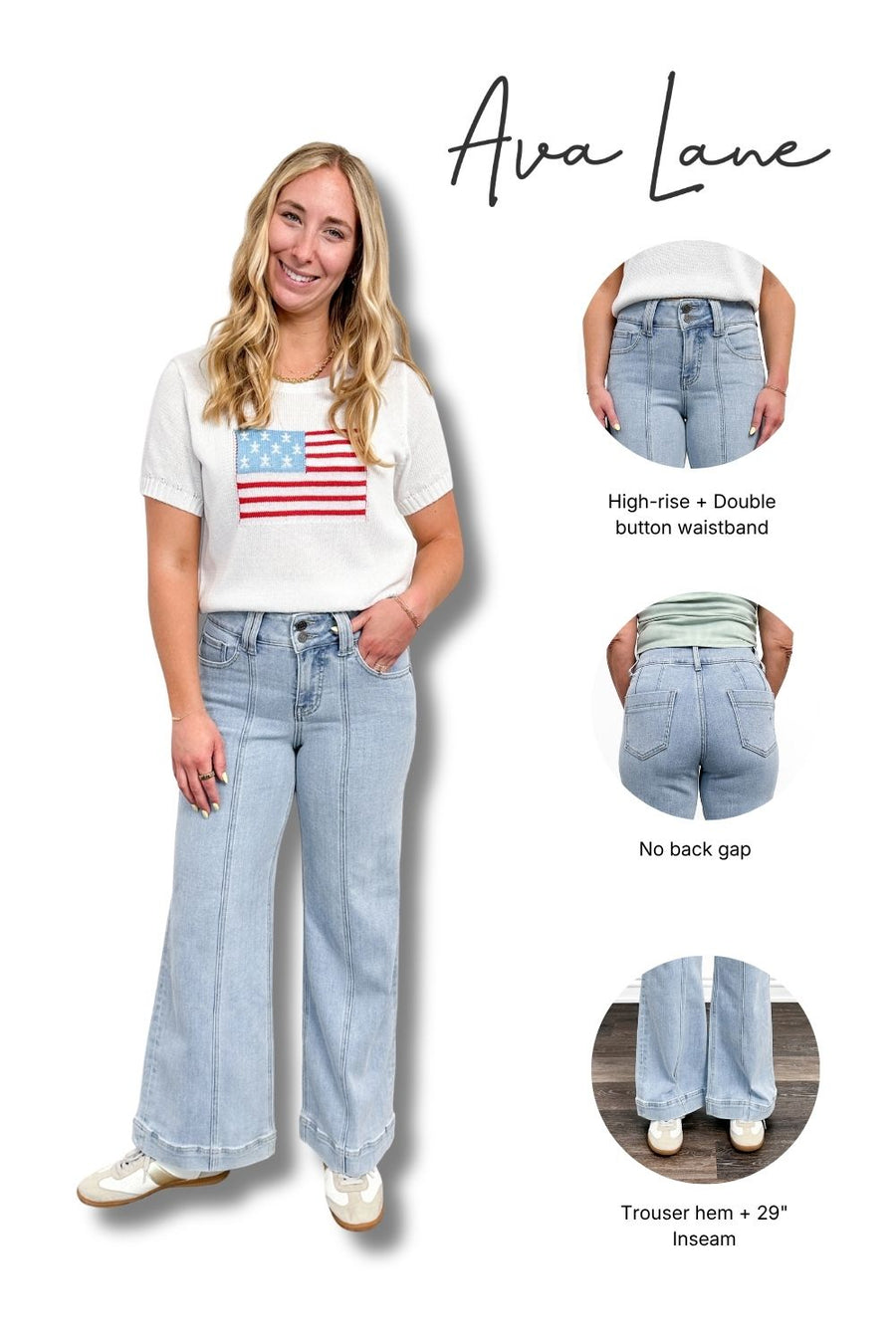 Woman wearing light blue jeans with an American flag t-shirt, labeled 'Ava Lane'.