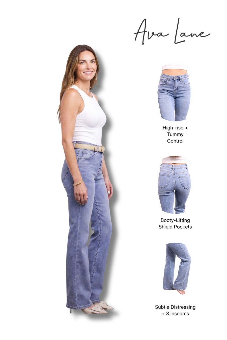 A model wearing light-wash blue high-rise flare jeans is shown on a white background, alongside three smaller inset views of the same jeans highlighting different features: high-rise + tummy control, booty-lifting shield pockets, and subtle distressing + 3 inseams. The brand name 'Ava Lane' appears at the top right.