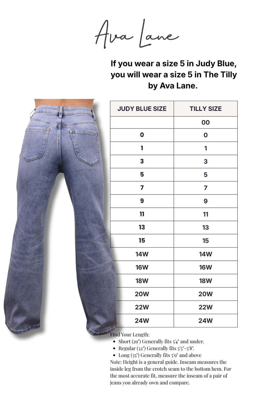 A sizing guide for Ava Lane's Judy Blue and Tilly jeans, featuring a model wearing wide-leg blue jeans on the left and a size conversion table on the right.