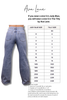 A sizing guide for Ava Lane's Judy Blue and Tilly jeans, featuring a model wearing wide-leg blue jeans on the left and a size conversion table on the right.