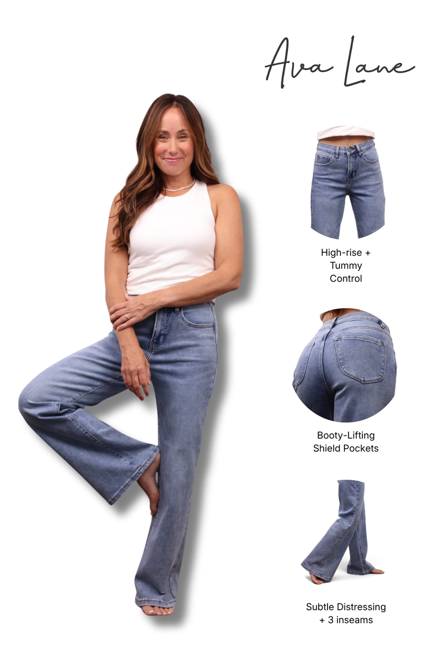 A promotional product image for 'Ava Lane' jeans featuring a model wearing light-wash blue flare jeans on the left, alongside three smaller inset views on the right showing the front, back, and side details of the jeans. The background is solid white.