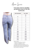 Size guide for Ava Lane Judy Blue jeans showing a back view of a model wearing light blue jeans next to a size conversion table from 0 to 24W.