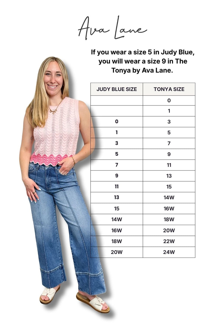 Woman wearing a pink top and blue jeans with a size chart for Ava Lane clothing brand.