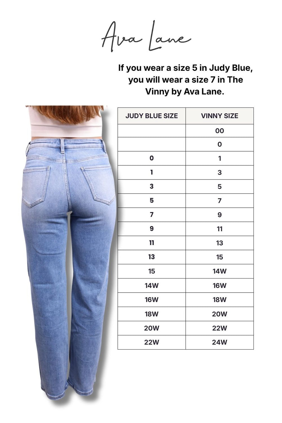 Size chart for Ava Lane jeans comparing Judy Blue and Vinny sizes.