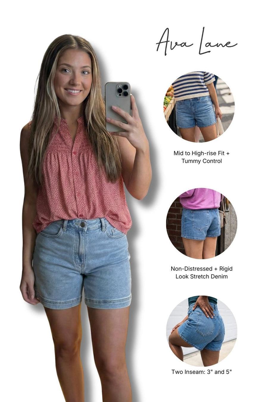 Woman wearing denim shorts with product features highlighted on a white background